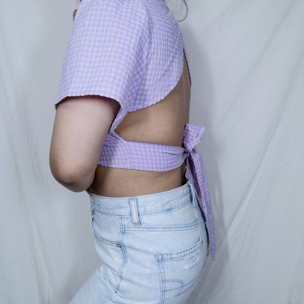 New with tags Zara Gingham Lavender Backless Crop Top.